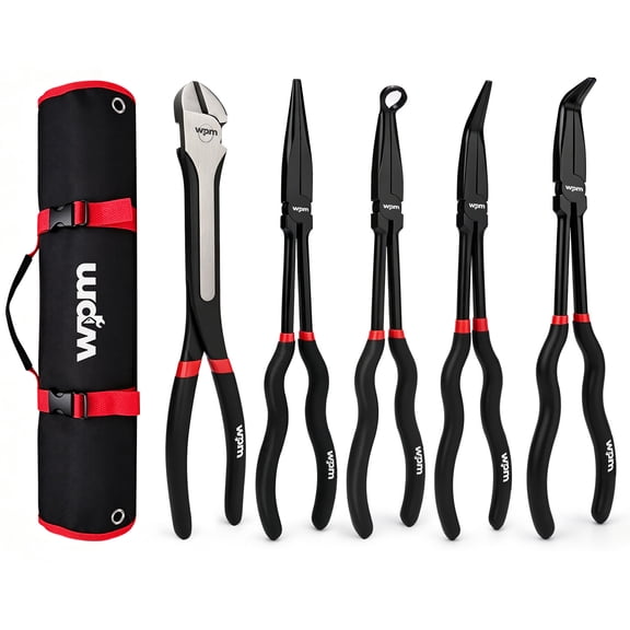 WPM 5Pcs Long Needle Nose Pliers Set with Rolling Bag, 11" Long Needle Nose Pliers, Diagonal Cutters, 45°/ 90° Bent Nose Plier, Round Nose Plier for Narrow Spaces