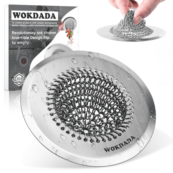 WOKDADA Revolutionary Kitchen Sink Strainer, Patented Reversible Chain Mesh, Effortless Cleaning & Food Catcher, No Clog, 304 Stainless Steel Handmade Sink Stopper