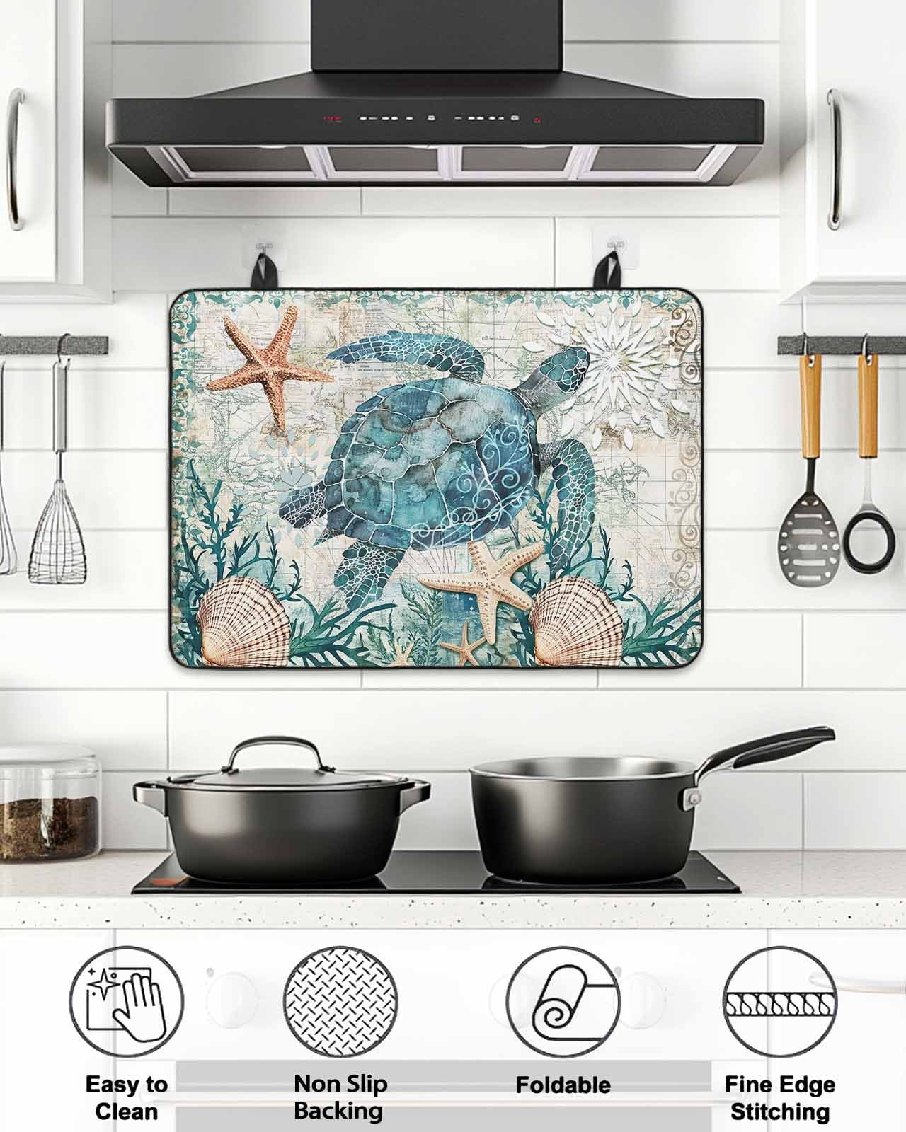Stove Top Covers for Electric Stove, Teal Coastal Turtle Glass Stovetop Cover Protector, Vintage Summer Beach Nautical Coral Induction Cooktop Protector Oven Mat for Kitchen Countertop 24"x21"
