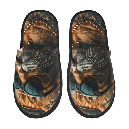 Balery Dapper Cat in Sunglasses Slient Indoor Furry Fleece Comfort House Shoes Soft Non-Slip Home Shoes Cotton slippers House Slippers-- Medium