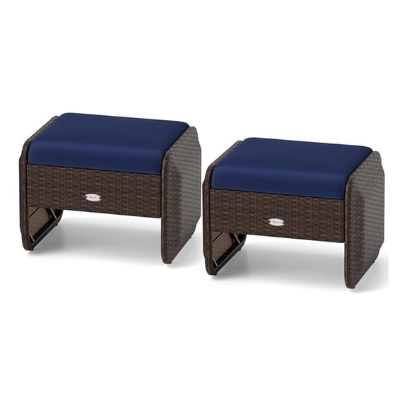 Wicker Outdoor Ottomans for Patio - 2-Piece Rattan Footstools w/Removable Cushions, 3-in-1 Multipurpose Footrest, Additional Seating & Side Table for Balcony, Set of 2 Patio Ottoman (Navy)