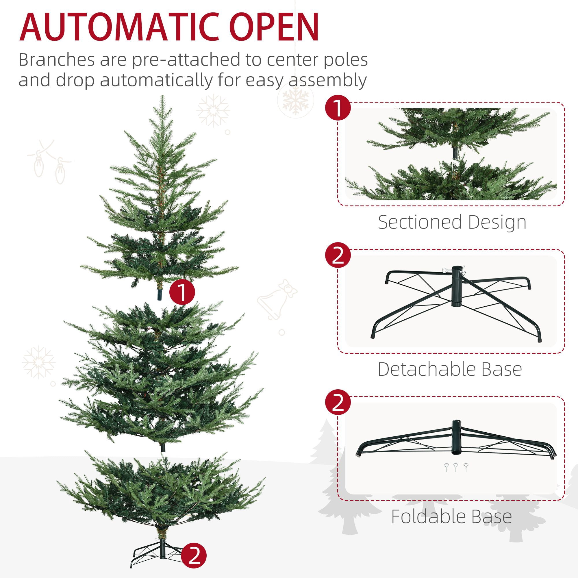 7.5ft Christmas Tree, Pencil Xmas Tree with 1218 Realistic Branches, Steel Base, Auto Open, Green