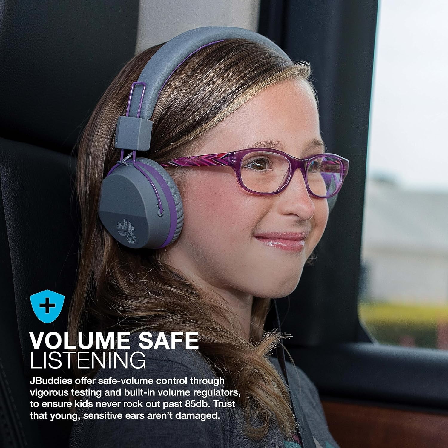 JLab JBuddies Studio Wireless On-Ear Kids Headphones, Volume Limiter, Folding, Adjustable, Bluetooth, Graphite/Purple
