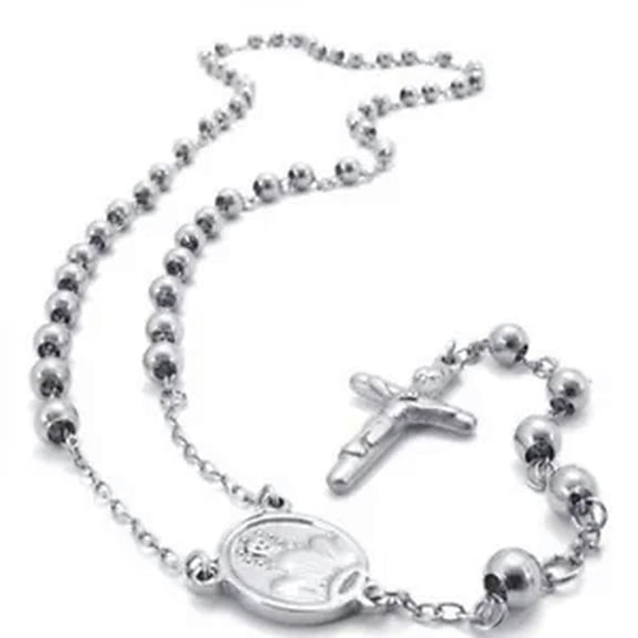 HOOUN 28'' 5'' Silver Stainless steel 6mm ball Crucifix JESUS Rosary Necklace Chain
