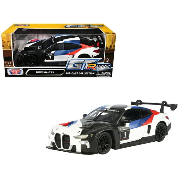 BMW M4 GT3 #1 White with Black, Blue and Red Graphics "GT Racing" Series 1/24 Diecast Model Car by Motormax
