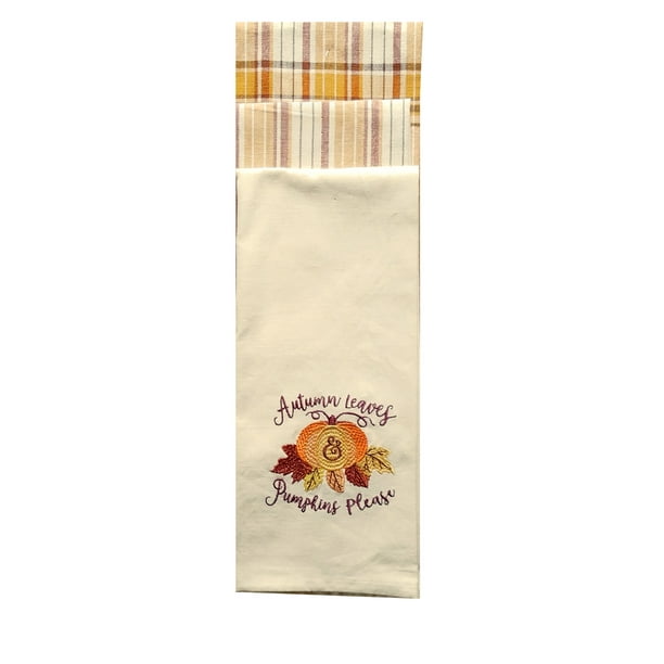 Fall Kitchen Dish Towels 3 Piece Set Embroidered Plaid And Stripes Cotton Dishtowels Walmart Com Walmart Com