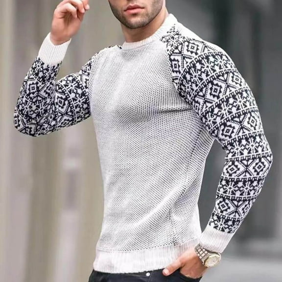 Lilgiuy Autumn And Winter New Warm Sweater Men's Sweater Pullover Colorblock Print Knitted Sweater Sweater Tops Blouse White,XXL(12) Winter Clothes for 2022