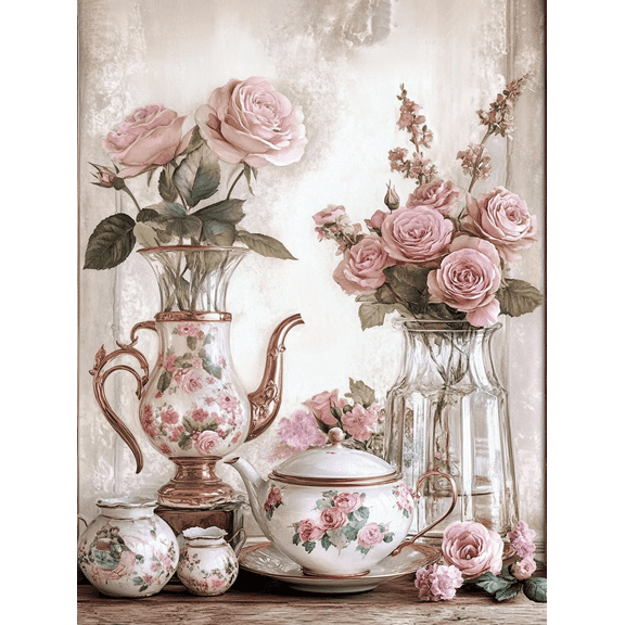 Vintage Roses and Teapots Decorative Painting/Canvas Art, Perfect for Living Room, Bedroom, Dining Room, Kitchen, Office, Study Room and Coffee Shop Decoration.