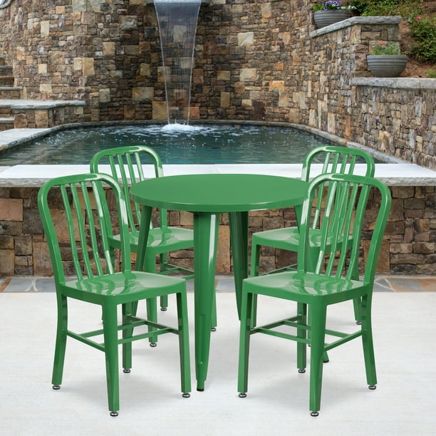Flash Furniture Commercial Grade 30 Round Green Metal Indoor Outdoor Table Set With 4 Vertical Slat Back Chairs Com Flash Furniture Commercial Grade 30, Round Outdoor Table Setting Bunnings