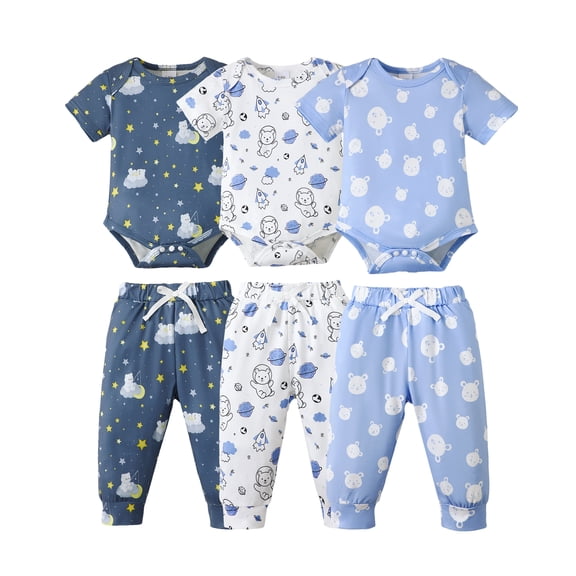 KIMI BEAR Newborn Baby Boys Layette Essentials Set 0-3 Months Summer Gift Sets Romper Pants Set 3-Pack Outfits 6pcs Blue
