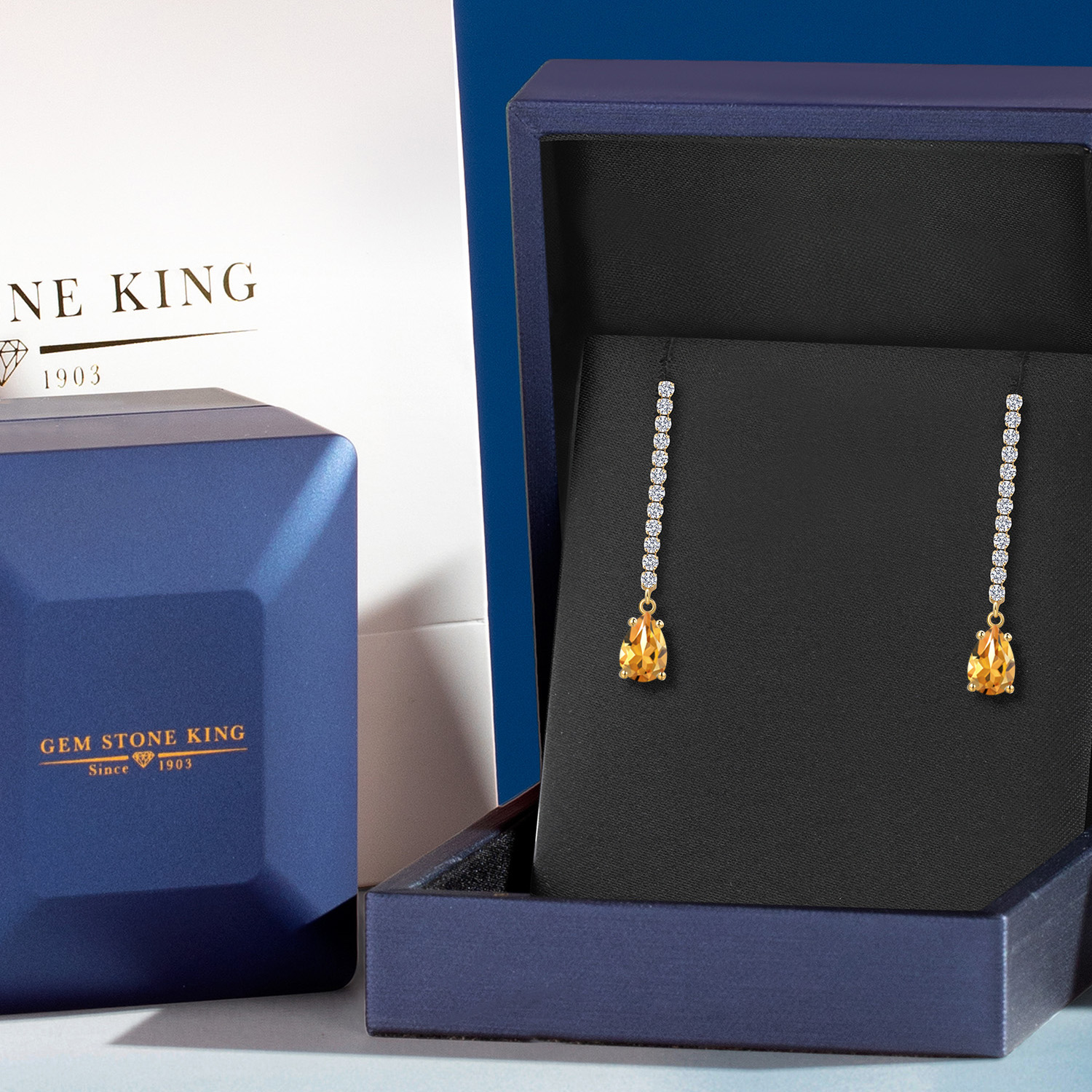14K Yellow Gold Yellow Citrine and White Lab Grown Diamond Long Liner Dangle Earrings for Women | 2.04 Cttw | Gemstone November Birthstone | Pear Shape 7X5MM | White Gold Chain Drop Earrings