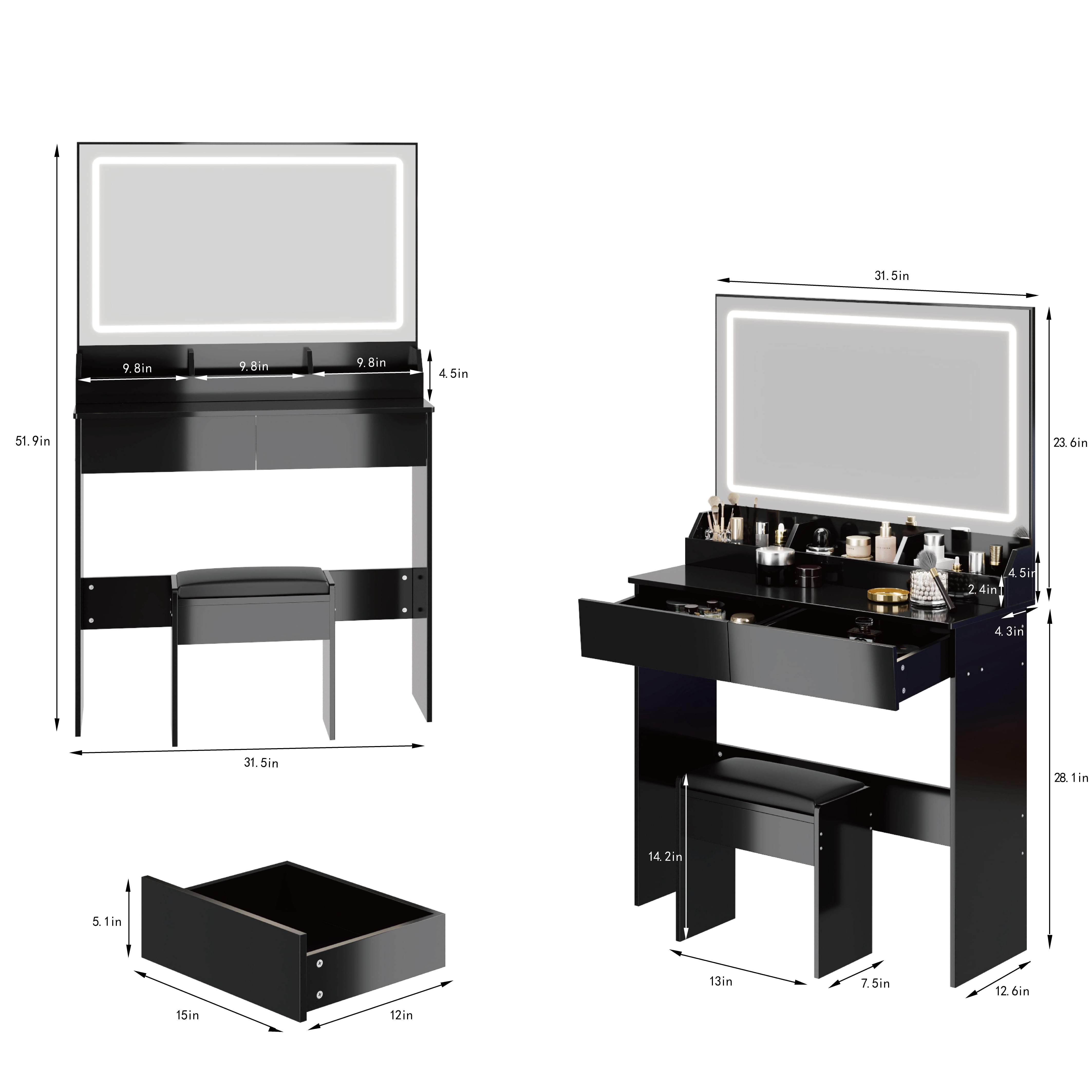 Leumius Makeup Vanity Set with 3 Color Lighted Mirror,Extra Large LED Mirror,Large Capacity Storage Dressing Table for Bedroom,Black