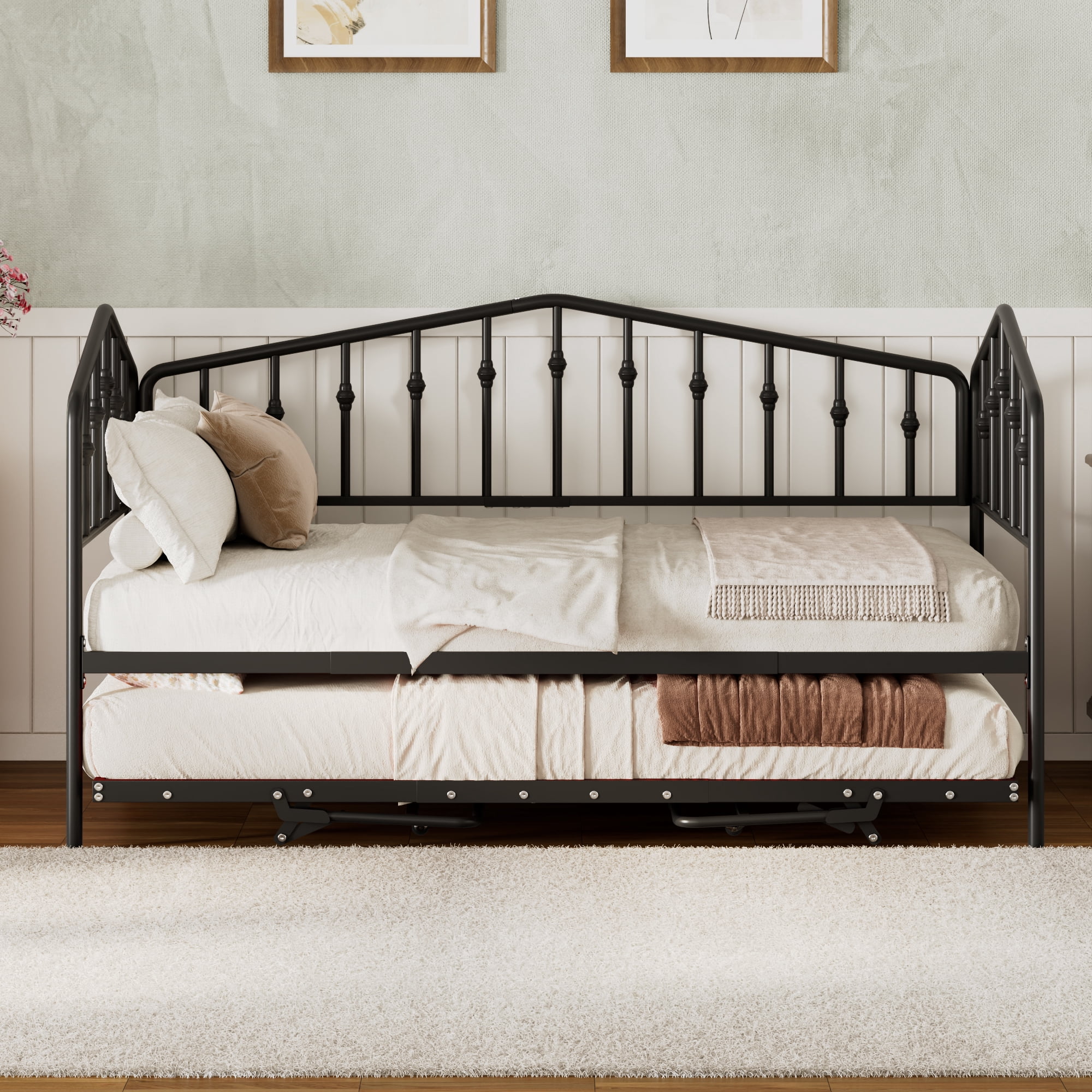 GARITIN Twin Size Metal Daybed with Adjustable Trundle, Portable Folding Trundle Bed Frame for Guest Room, Black
