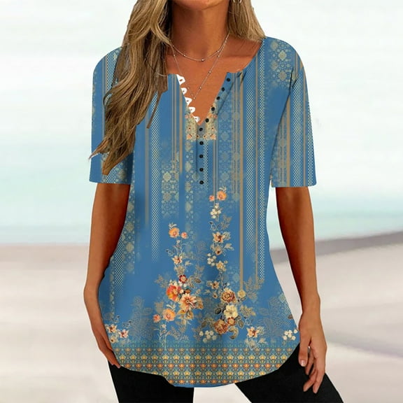 GaThRRgYP Womens Plus Size Clearance $5 Tops,Women's Fashion V-Neck Print Casual Loose Short Sleeve Top Short Sleeve V-Neck Top/Shirt