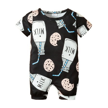 

Newborn Baby Girls Clothes Baby Girls One Piece Bodysuit Short Sleeve Round Neckline Milk Print Jumpsuit Black 0-3 Months