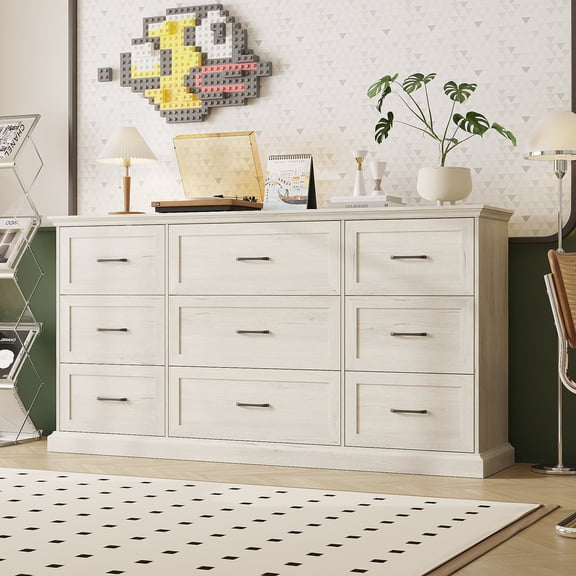 KULAGAGA Wide Chest of Drawers 9 Drawer Dresser, Farmhouse Dresser with Wood Grain Surface & Black Handles, for Bedroom Living Room, Ivory, 15.7”D x 70.7”W x 36.9”H