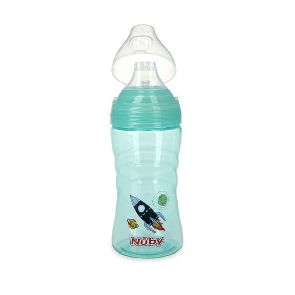 Nuby Thirsty Kids Sip It Soft Spout Cup, 12 fl oz, Aqua with Rocket