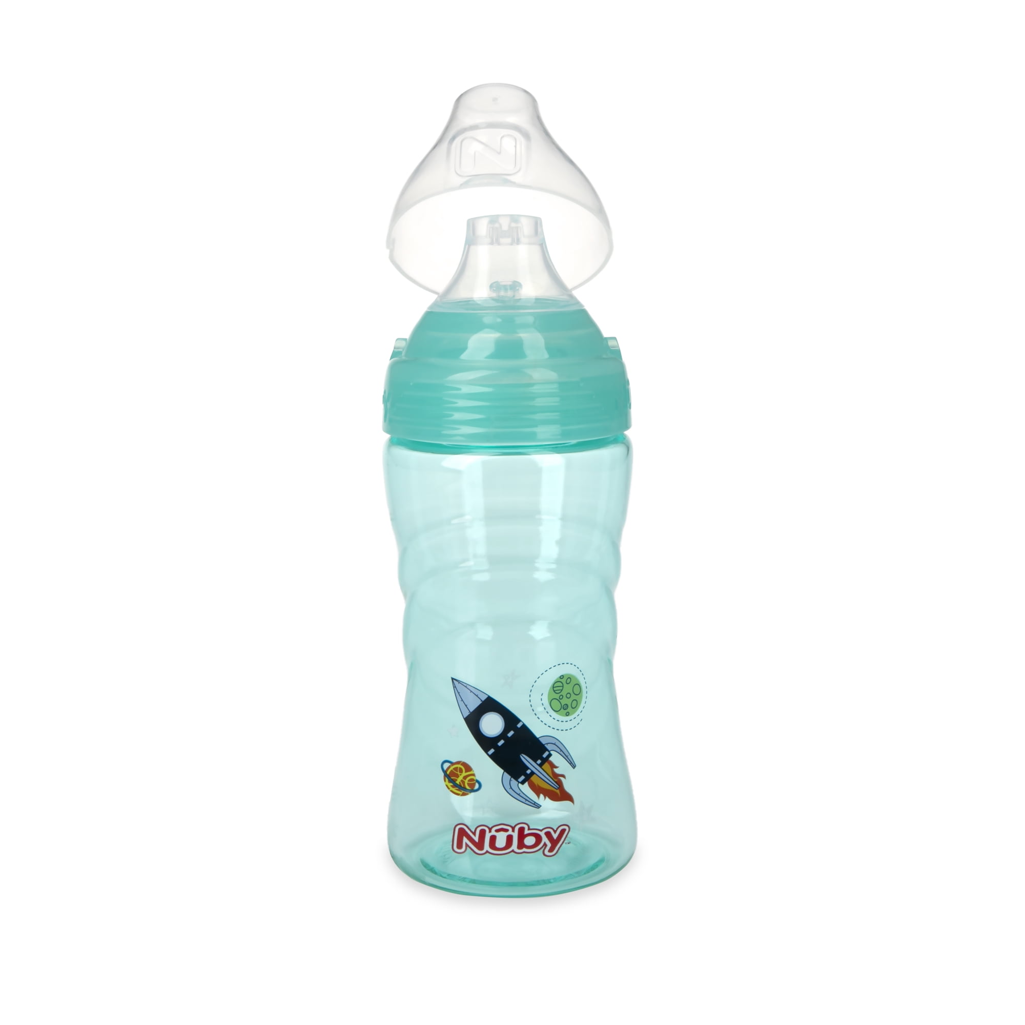 Nuby Thirsty Kids Sip It Soft Spout Cup, 12 fl oz, Aqua with Rocket