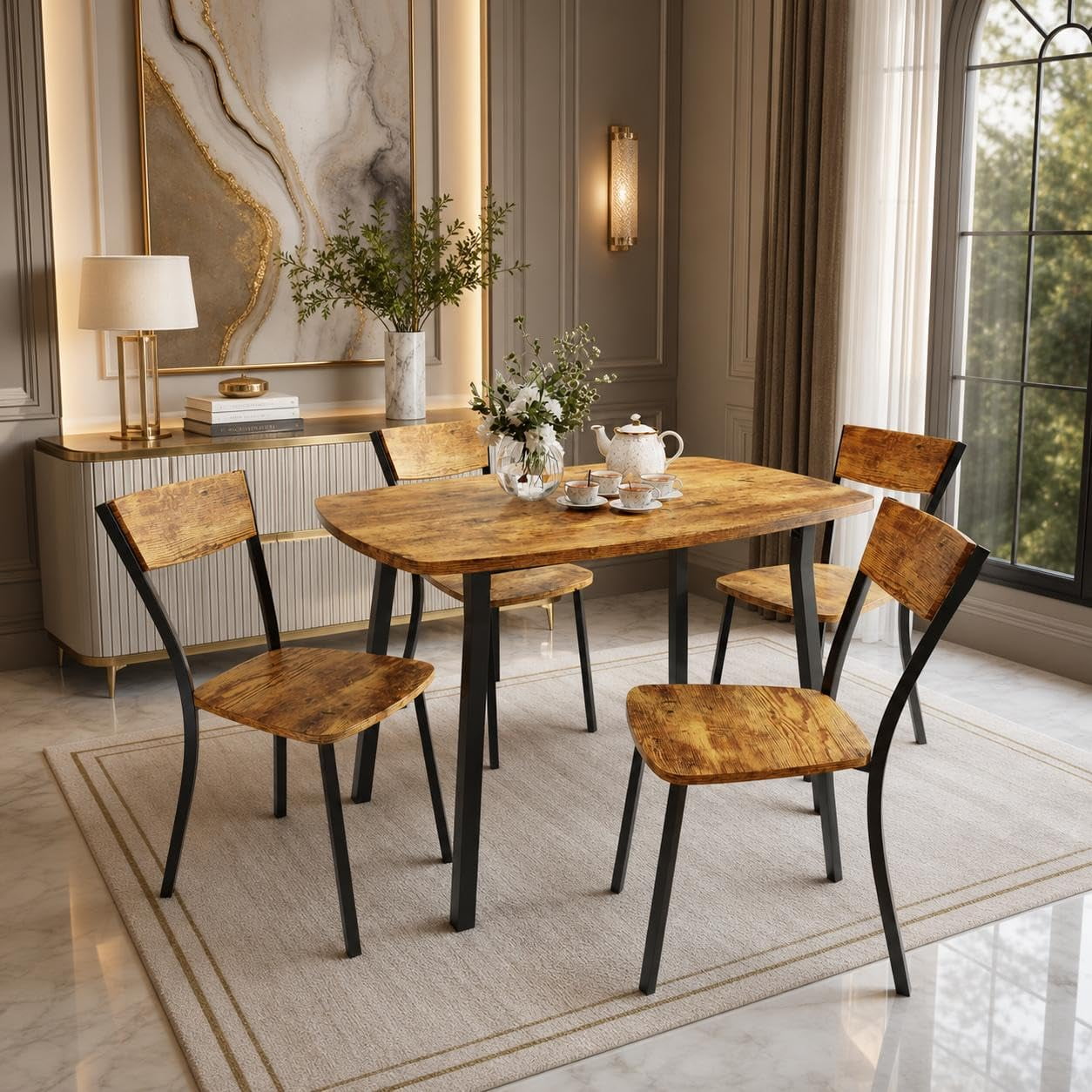 Rustic 5-Piece Dining Table Set with 4 Chairs Retro Kitchen Table Set with Unique Legs MDF and Iron Dining Room Furniture for Breakfast Nook