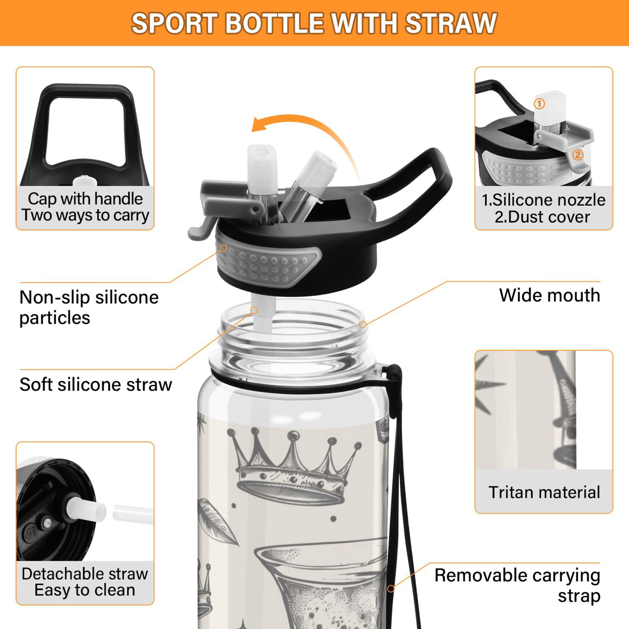Glasses and Crowns Leaves Sports Water Bottle Portable Travel Mug 32oz BPA Free Leak Proof Straw Transparent Tritan for Gym Yoga Cycling Camping