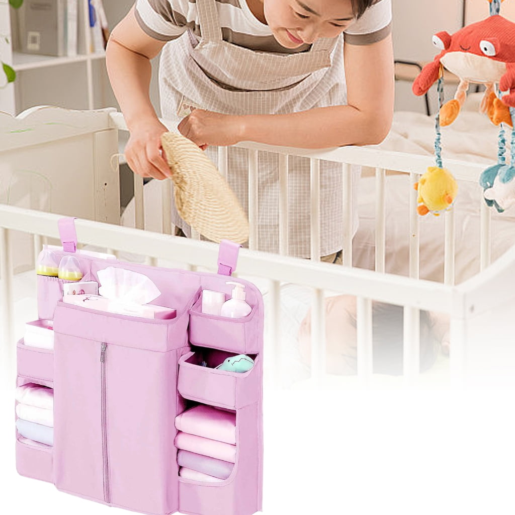 Baby Crib Hanging Organizers 6 Compartments Large Zippered Pocket Durable Fabric Nursery Storage Solution