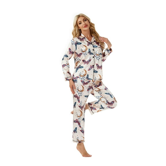 XIAONU Women's Butterfly Moon Print Satin Pajama Set Loose Long Sleeve Notch Collar Loungewear Set Silky Elegant Sleep Pajamas