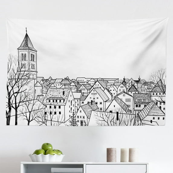 Cityscape Tapestry, Old Peaceful City Drawing Restaurant Terrace Sketch Downtown Lifestyle Scene, Fabric Wall Hanging Decor for Bedroom Living Room Dorm, 2 Sizes, Black White, by Ambesonne