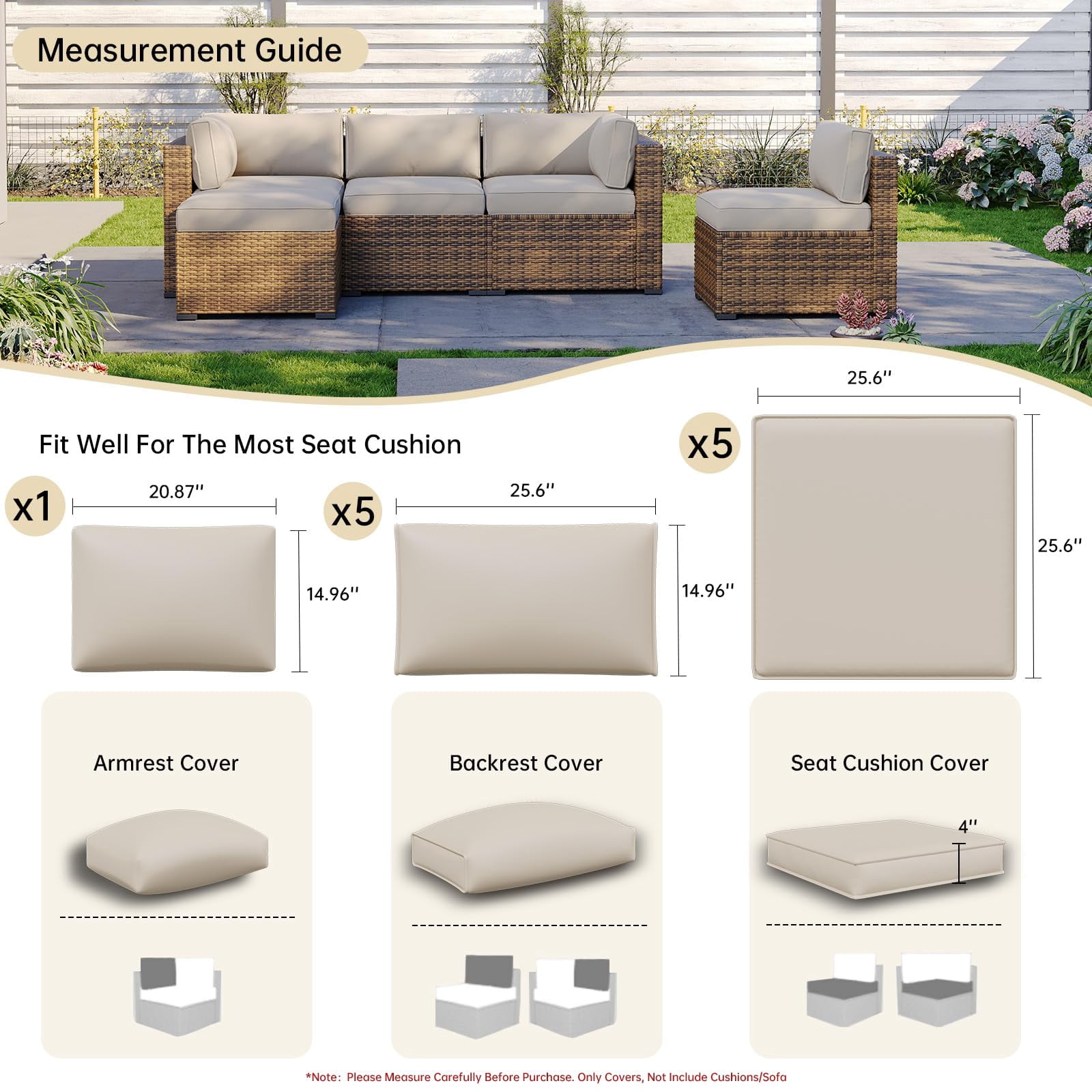 Clouddwell 11-Piece Outdoor Cushion Slipcovers Replacement for 5-Seat Wicker Sectional-Waterproof, Non-Slip Bottom (Beige)