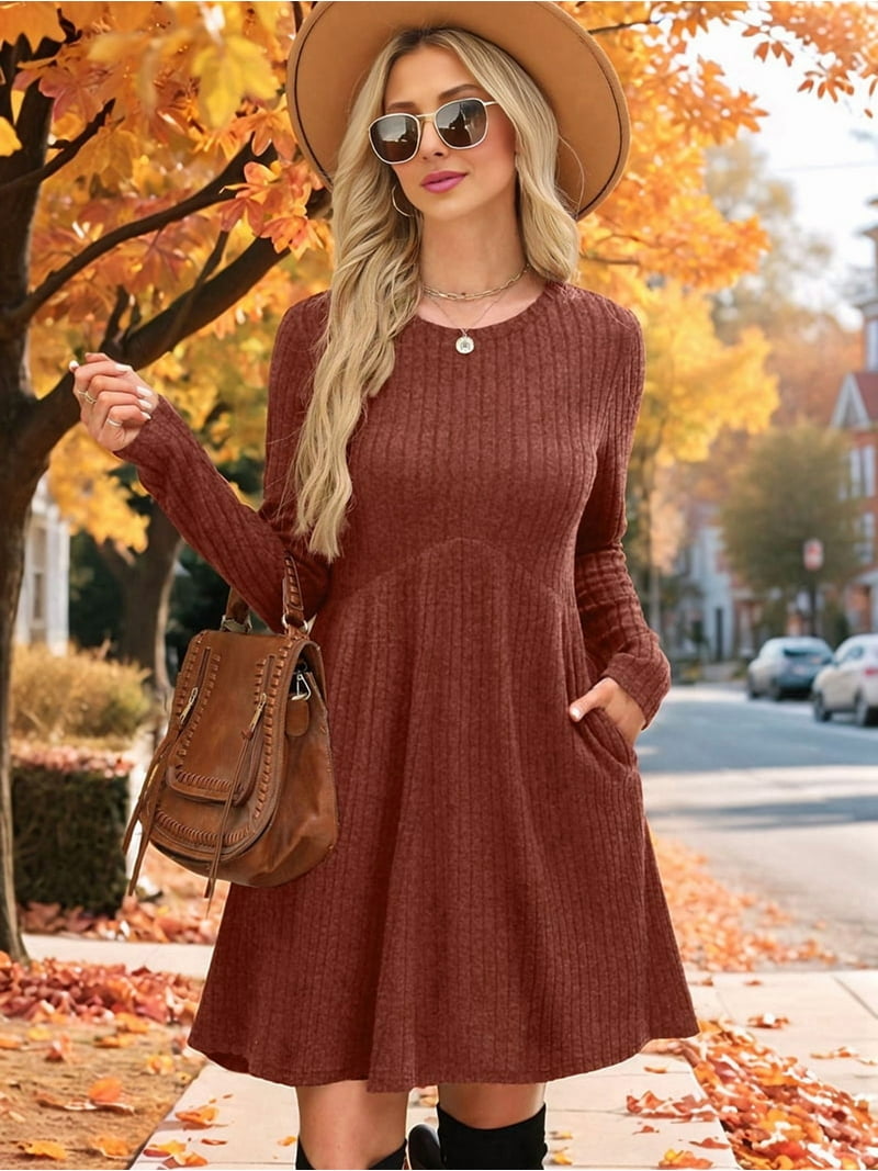 Long Sleeve Dress for Women Crew Neck Waist Tunic Dress with Pockets Caramel  Color S - Walmart.com