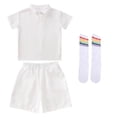 thumbnail image 4 of Boys Girls 3 Piece Loose Outfit Set Short Sleeve Lapel Top Elastic Waist Shorts and Striped Knee High Socks Casual Matched Clothing Set, 4 of 9