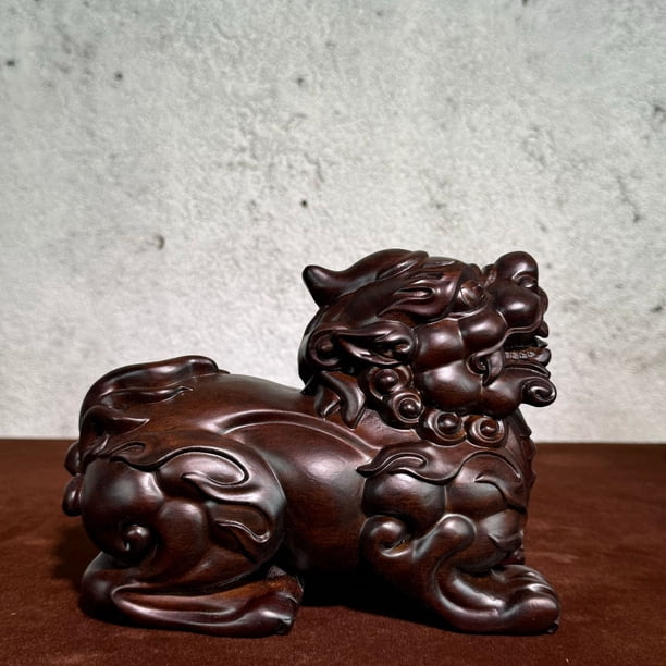 Ebony wood carved Pixiu figurines, a pair, solid wood, for home living room TV cabinet decoration, gifts, and auspicious crafts.