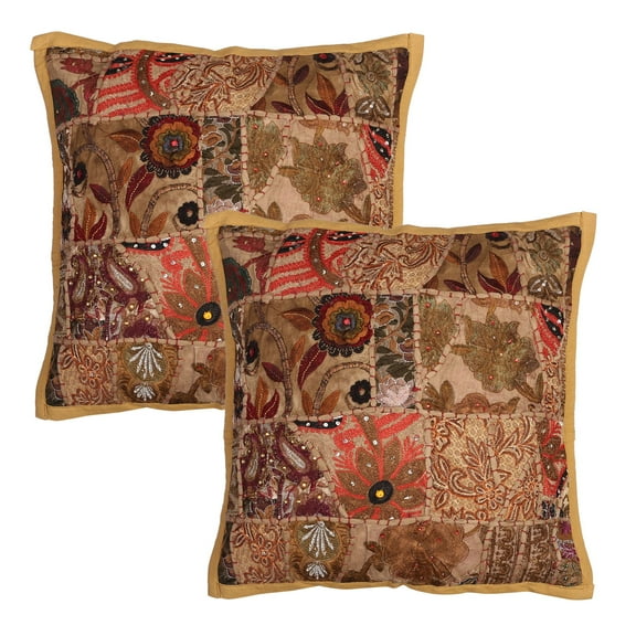 Stylo Culture Indian Decorative Throw Pillow Covers 16 x 16 Vintage Patchwork Khaki Brown Bohemian 40x40 cm Home Decor Cotton Floral Square Cushion Covers | Set Of 2