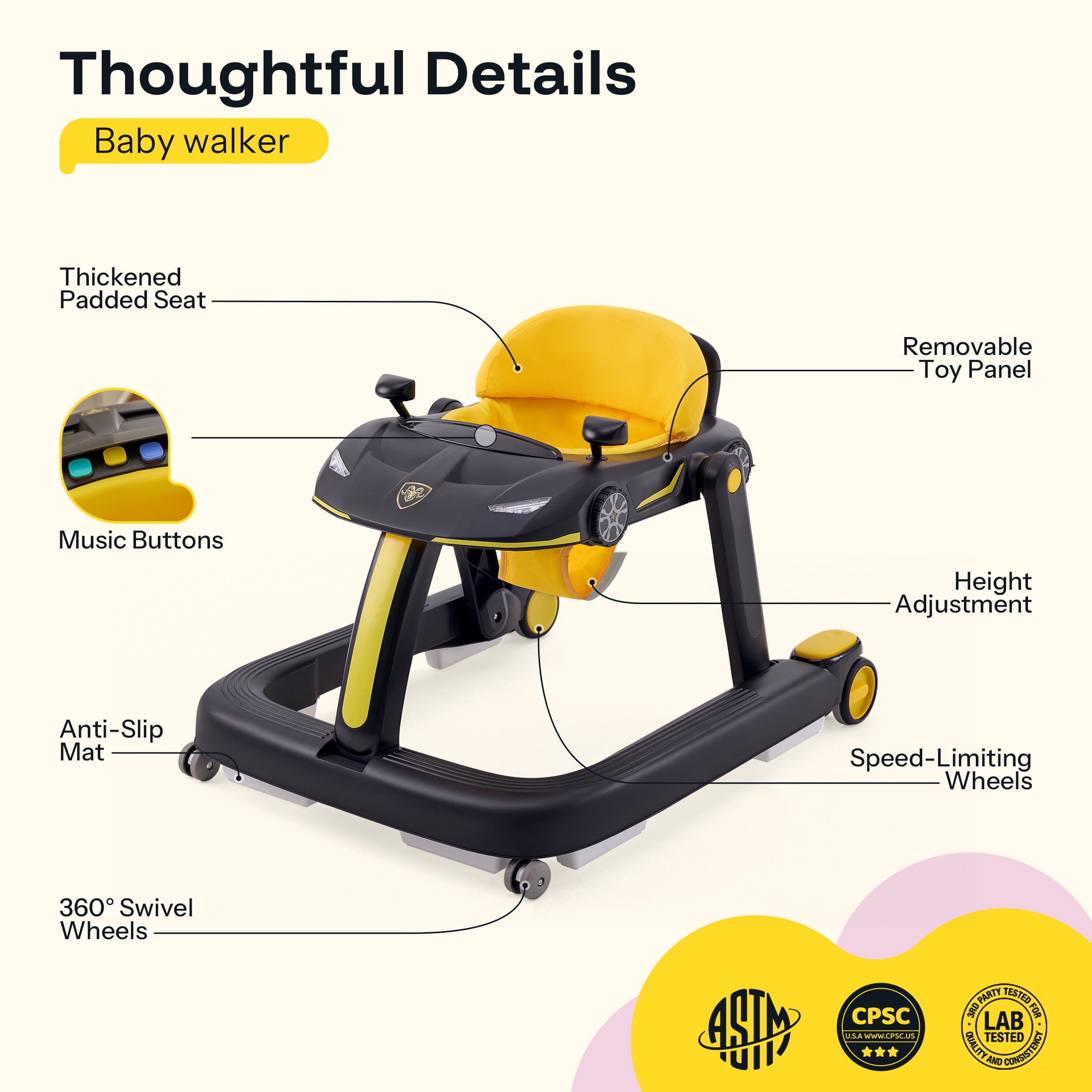 HARPPA Baby Walker for Babies 6-18 Months, Foldable Activity Push Walker, Black