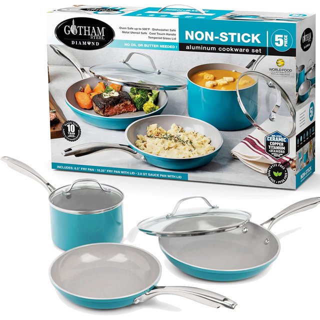 Juego de Ollas y Sartenes Azul - 5 Piezas,Cerámica Antiadherentes con Revestimiento de Diamante, Aptos para Horno y Lavavajillas, 100% Libre de PFOA