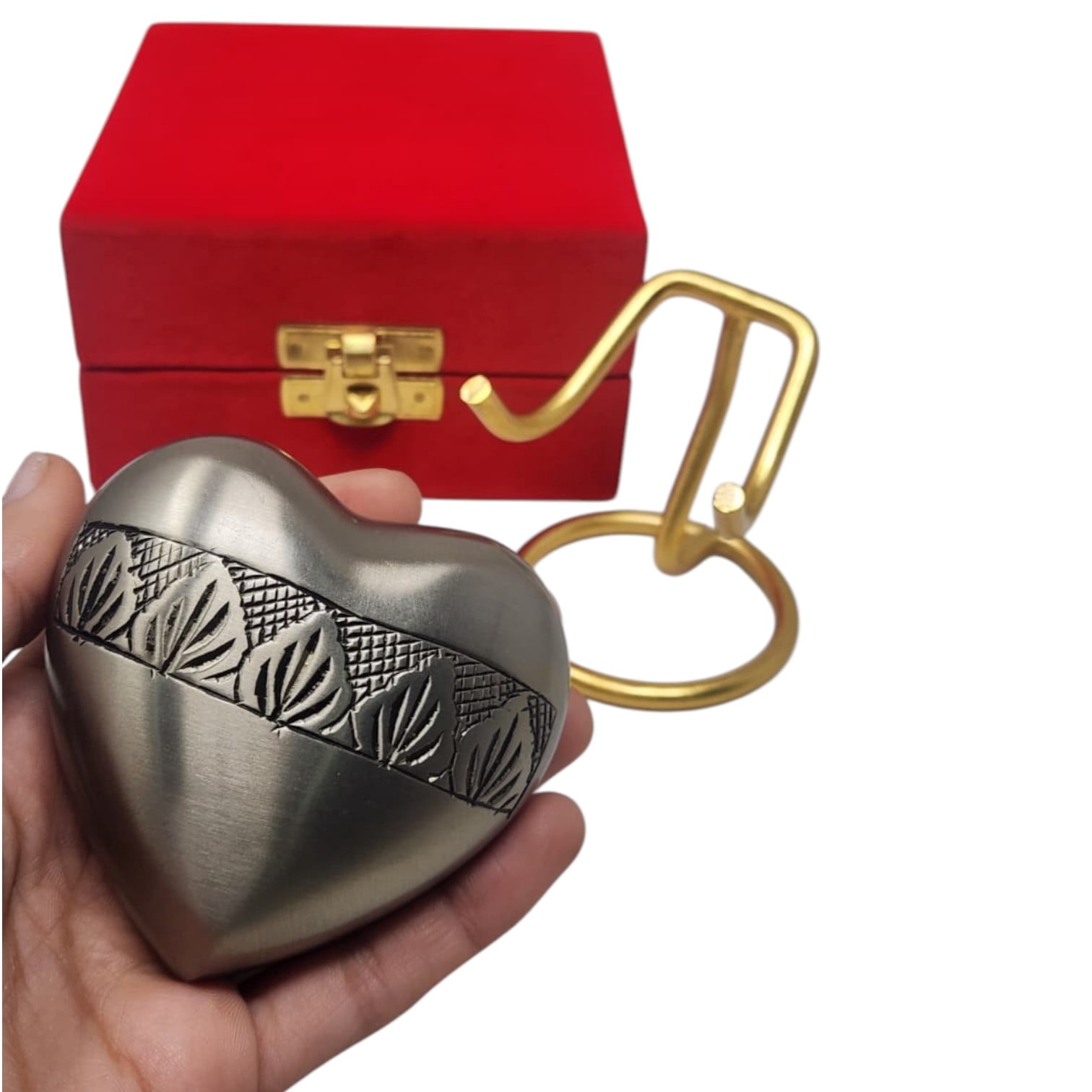 SMIURNS Hand-Engraved Silver Pewter Heart-Shaped Keepsake Cremation Urn for Human or Pet Ashes - Decorative Small Token Urn  with Leaf Motif - Display Stand and Velvet Gift Box