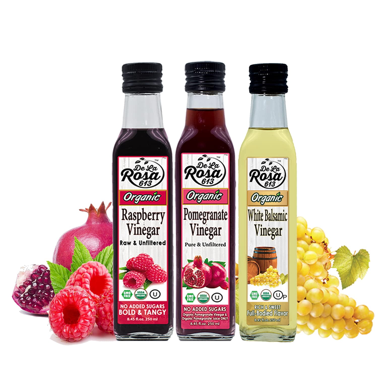 De La Rosa 613 Organic Vinegar Gift Box: Raspberry, Pomegranate & White Balsamic, 8.45 oz (3-Pack)