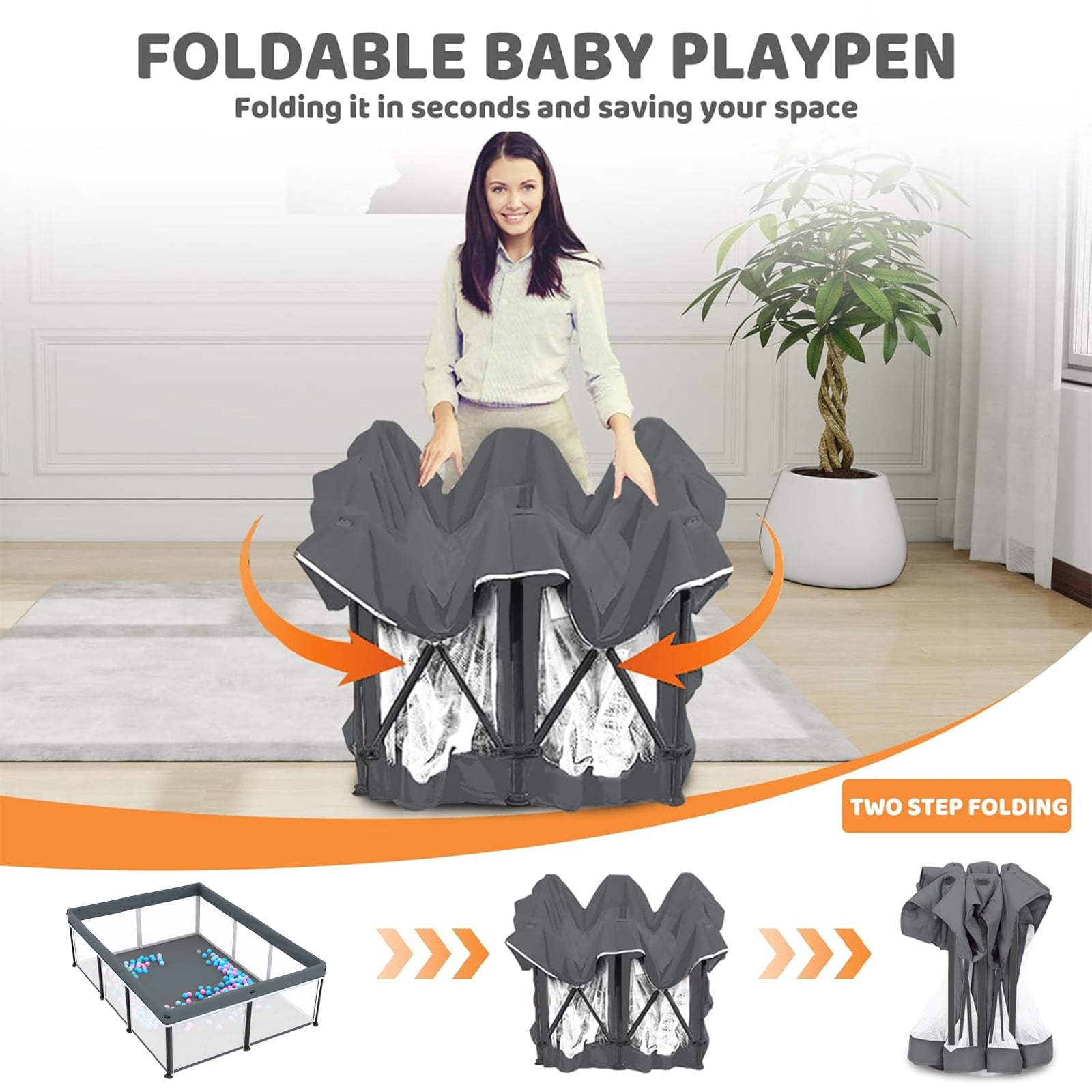 Foldable Baby Playpen with Mat, Collapsible Play Pen for Babies and Toddlers, Indoor & Outdoor Kids Safety Play Pen, Portable Play Yard with 50 Ocean Balls, 50"×70", Gray