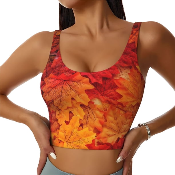Fotbe Autumn Leaf Sujetador Deportivo Largo sin Aros para Mujer con Almohadillas y Soporte Medio, Transpirable y Absorbente, Camiseta Tipo Chaleco o Tank Top-X-Large