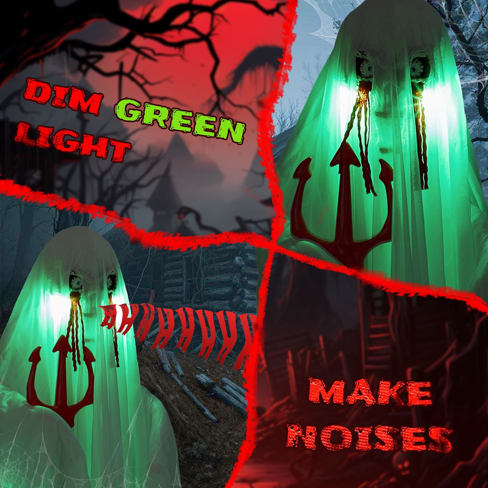4.3FT Animatronics Ghost with Trident Sound-Activated Green LED for Halloween Haunted House Yard