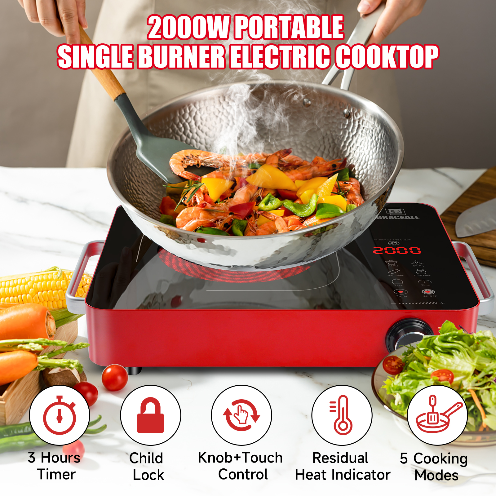 GRACEALL 2000W Electric Cooktop Portable Infrared Stove, Countertop Hot Plate for Cooking, Single Burner Cook Top, Kitchen Knob Control Stove, Unibody Design with BBQ Plate