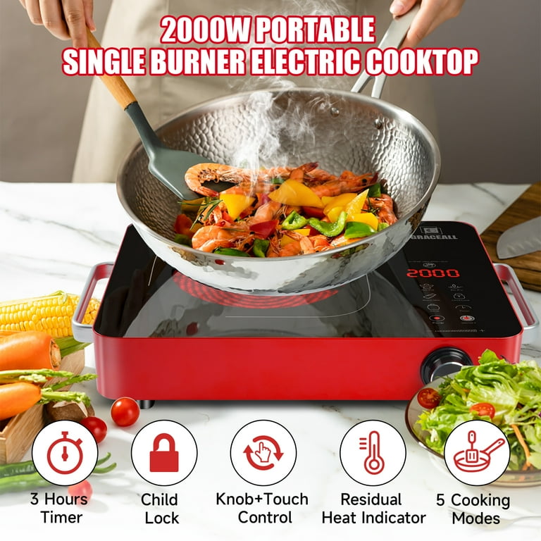 GRACEALL 2000W Electric Cooktop Portable Infrared Stove Countertop Hot Plate for Cooking Single Burner Cook Top Kitchen Knob Control Stove Unibody