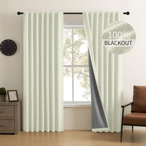 Linen 100% Blackout Curtains 108 Inch Length 2 Panels Set, Back Tab and Rod Pocket Curtain for Living Room Bedroom, Room Darkening Window Drapes Thermal Insulated, (37x108 inch, Light Beige)
