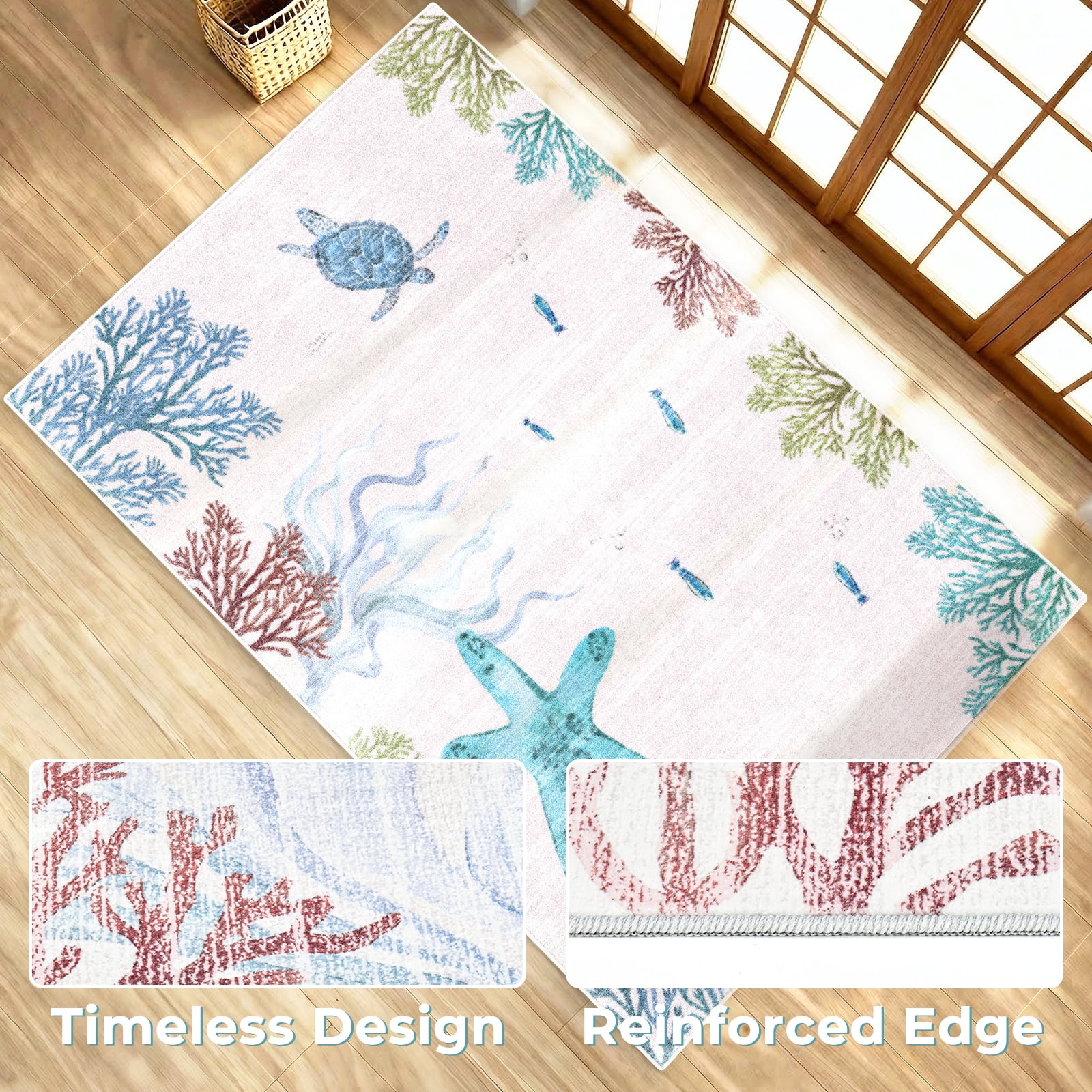 Washable Area Rug for Living Room, 4'x6' Nautical Beach Non-Slip indoor Rug, Soft Low Pile & Stain Resistant Sea turtles Carpet for Bedroom, Dining Room, Kitchen, Entryway, Nursery
