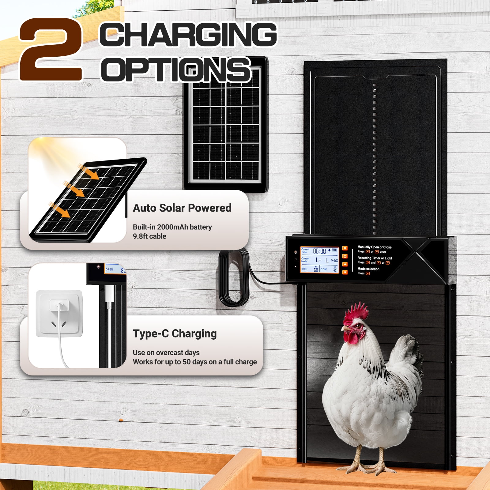 Automatic Chicken Coop Door Solar Powered with Timer & Light Sensor, Remote Control, LCD Display, Anti-Pinch & Alert, 4 Modes Aluminum Alloy Auto Chicken Coop Door Solar, Upgrad Large Door
