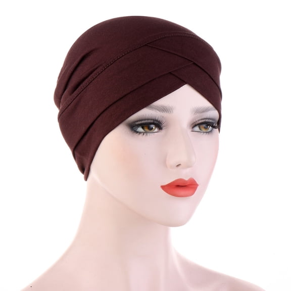 Dyfzdhu Fashion Women Solid Elastic Cross India Hat Muslim Cancer Chemo Beanie Wrap Cap Brown