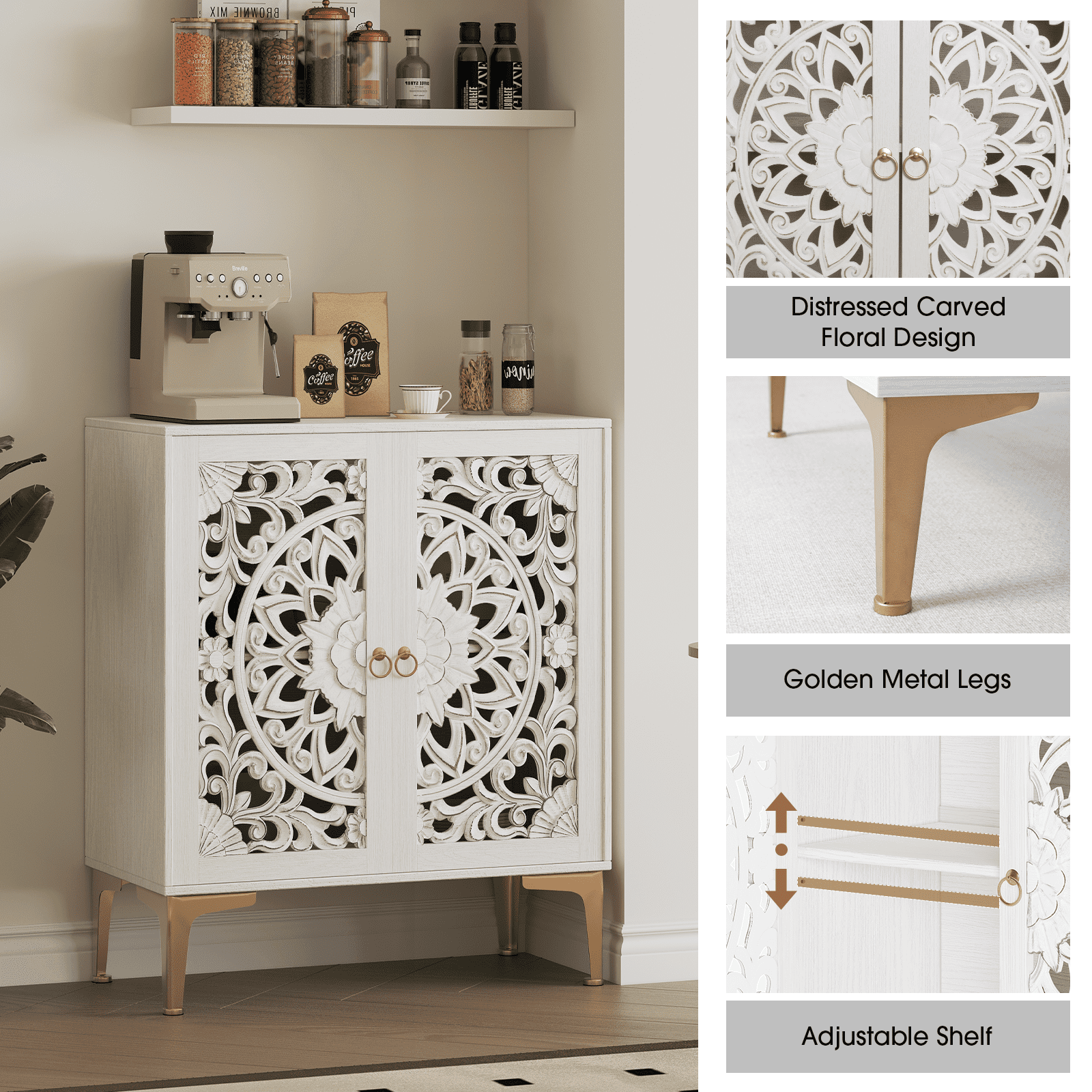 JOINICE Accent Storage Cabinet with Doors,Small Sideboard Buffet Cabinet,31.5" W,for Living Room,Entryway,Dining Room,Carved,White