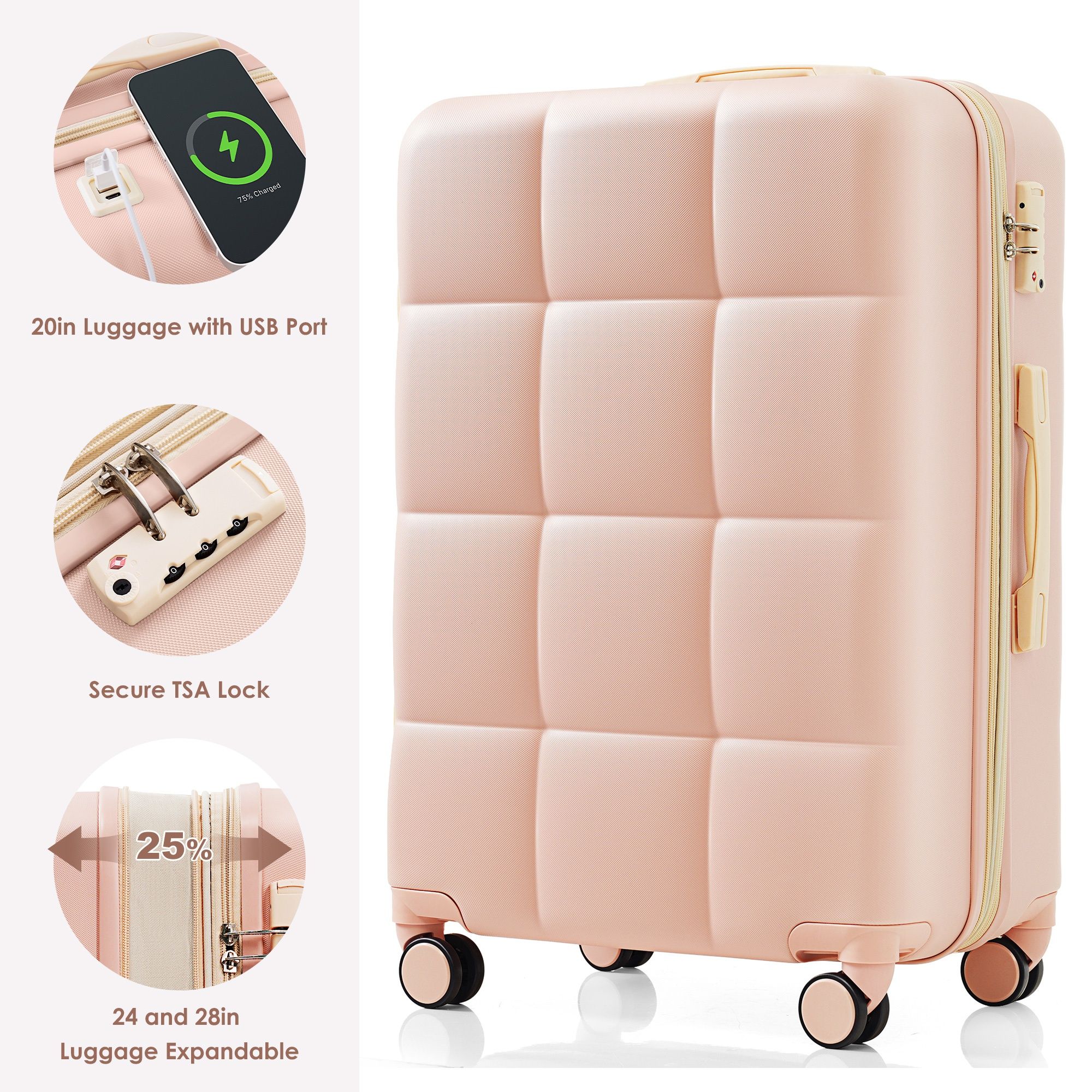 Aukfa Luggage Set, 3 Piece Expandable Hardshell Suitcase with USB Port and Cup Holders, Spinner Wheels, Pink
