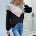 thumbnail image 3 of Jersey de punto de manga larga con cuello redondo para mujer, blusa holgada de retazos de encaje elegante a la moda para principios de otoño, Top negro L, 3 of 6