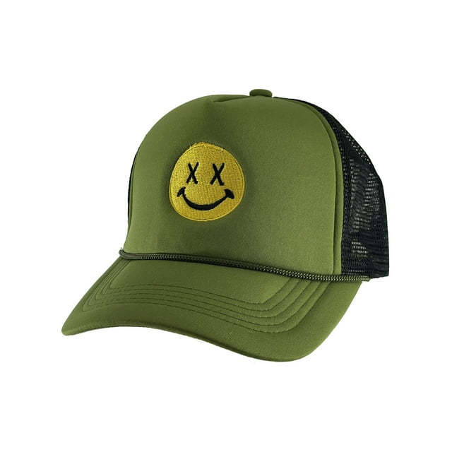 Gravity Threads Smile Face Embroidery Adjustable Trucker Hat - Cross Eye - Olive/Black
