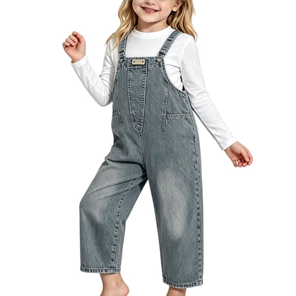 XXWXYD Girls Denim Overalls, Kids Baggy Wide Leg Suspender Jumpsuit with Adjustable Straps and Pockets for Casual Fall School Play Daily Outfit Wear